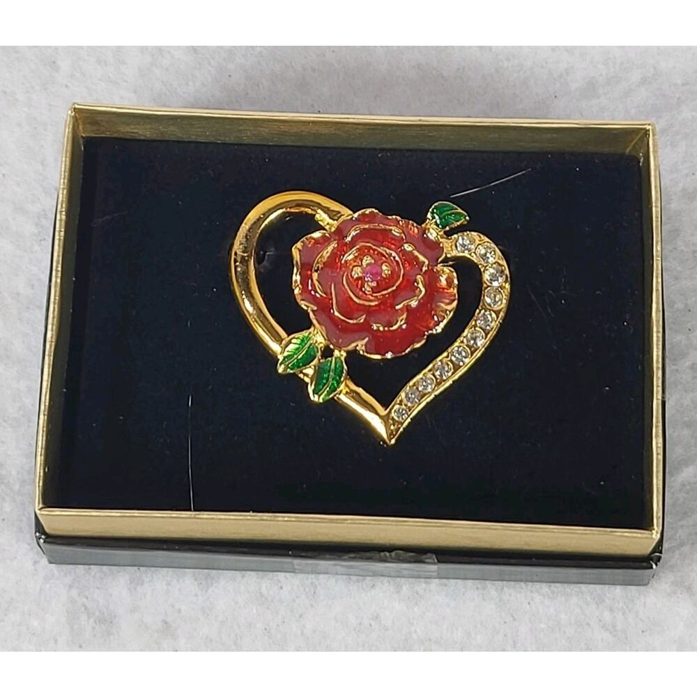 Vintage Gold Toned Heart Brooch with Red Enamel Rose & Clear Rhinestones